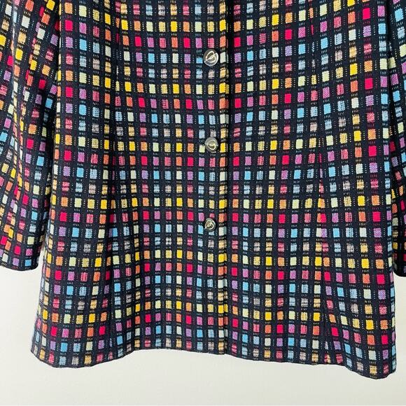 Vintage black blue rainbow check plaid longline button peacoat jacket large - Picture 3 of 6